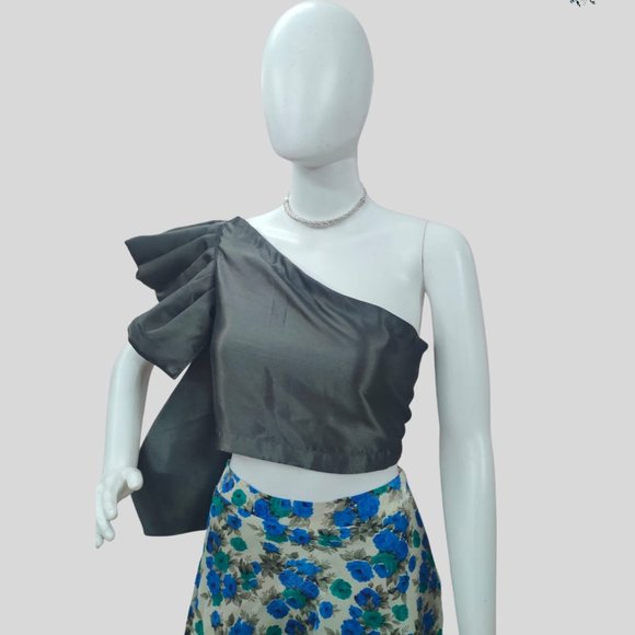 Blue Floral Print Raw Silk Skirt with Crop Top - Picture 3 of 6